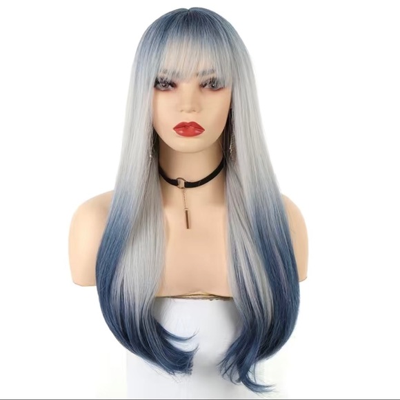 Human hair blend blue Ombré wig main image 7